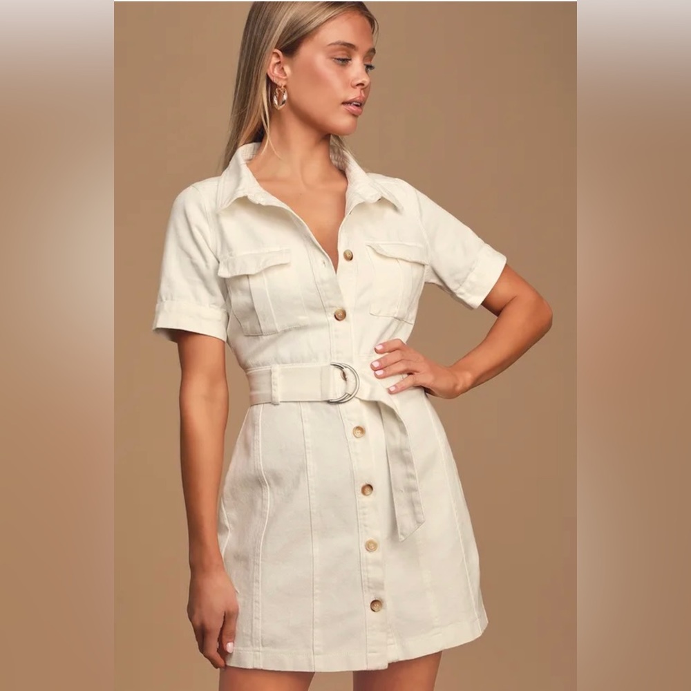 WHITE DENIM BELTED BUTTON-UP MINI DRESS